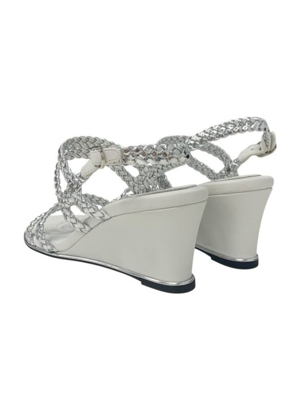 Chanel Sandals Shoes Leather Silver White Strap Braided Wedge Sole - Picture 4 of 9